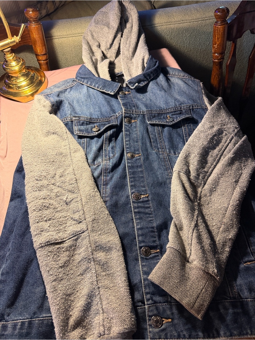 Denim&Co Blue Denim Jacket with Gray Knit Hood & Sleeves